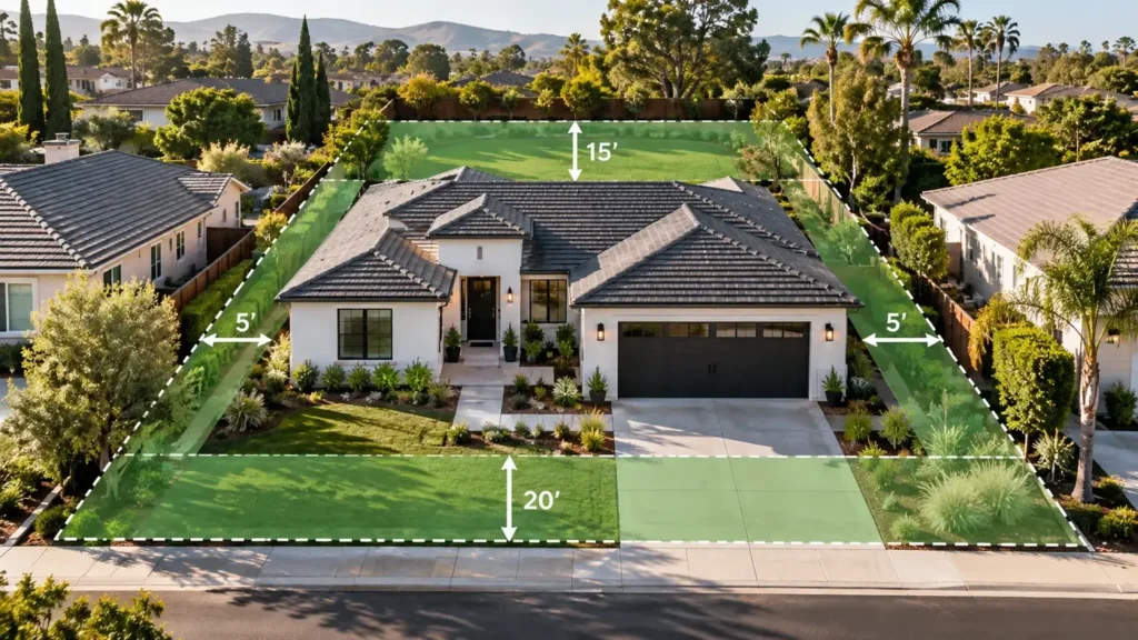 California house setback visual guide — illustrative residential setback diagram; dimensions are examples only