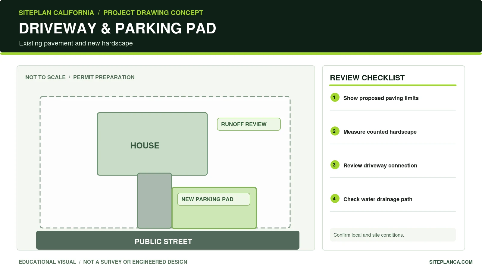 Illustrative California driveway site plan showing existing residence, new parking pad, driveway and street connection. Not a grading design.