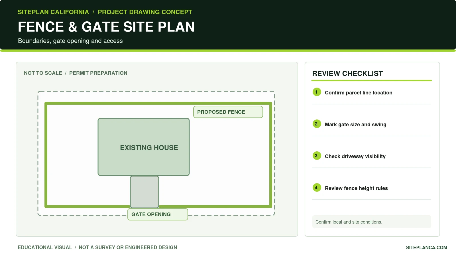 Illustrative fence and gate site plan showing property boundaries, house, proposed fence line, gate opening and driveway access. Not surveyed.