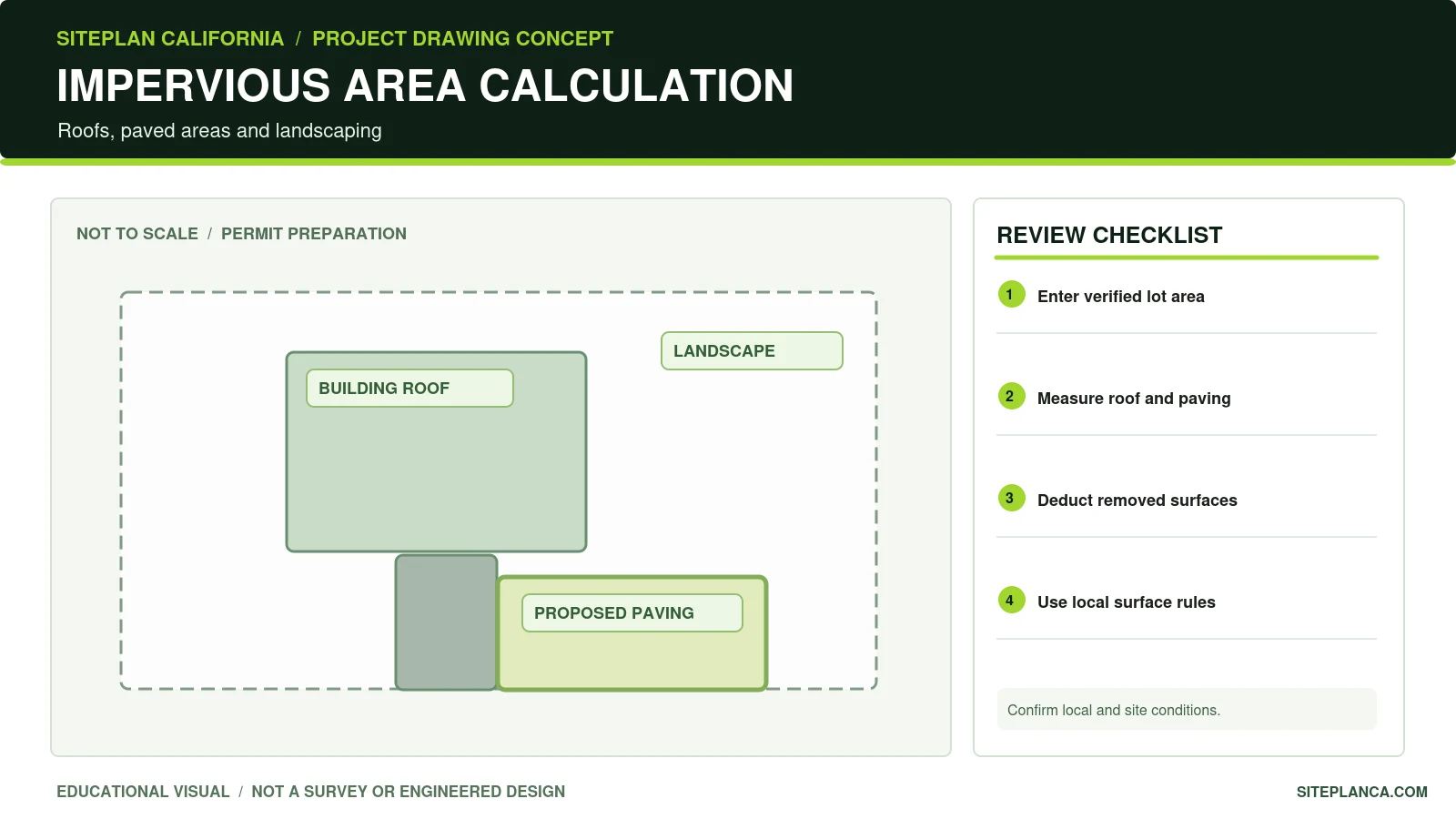 Original impervious area diagram showing existing roof, driveway, proposed paving, landscape and lot boundary for percentage calculations.