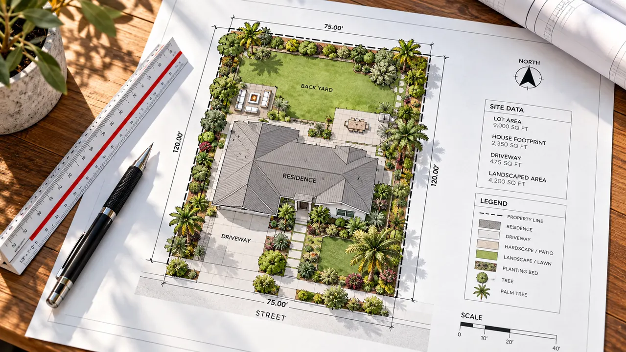 Illustrative dimensioned residential site plan showing existing building, driveway and landscaping