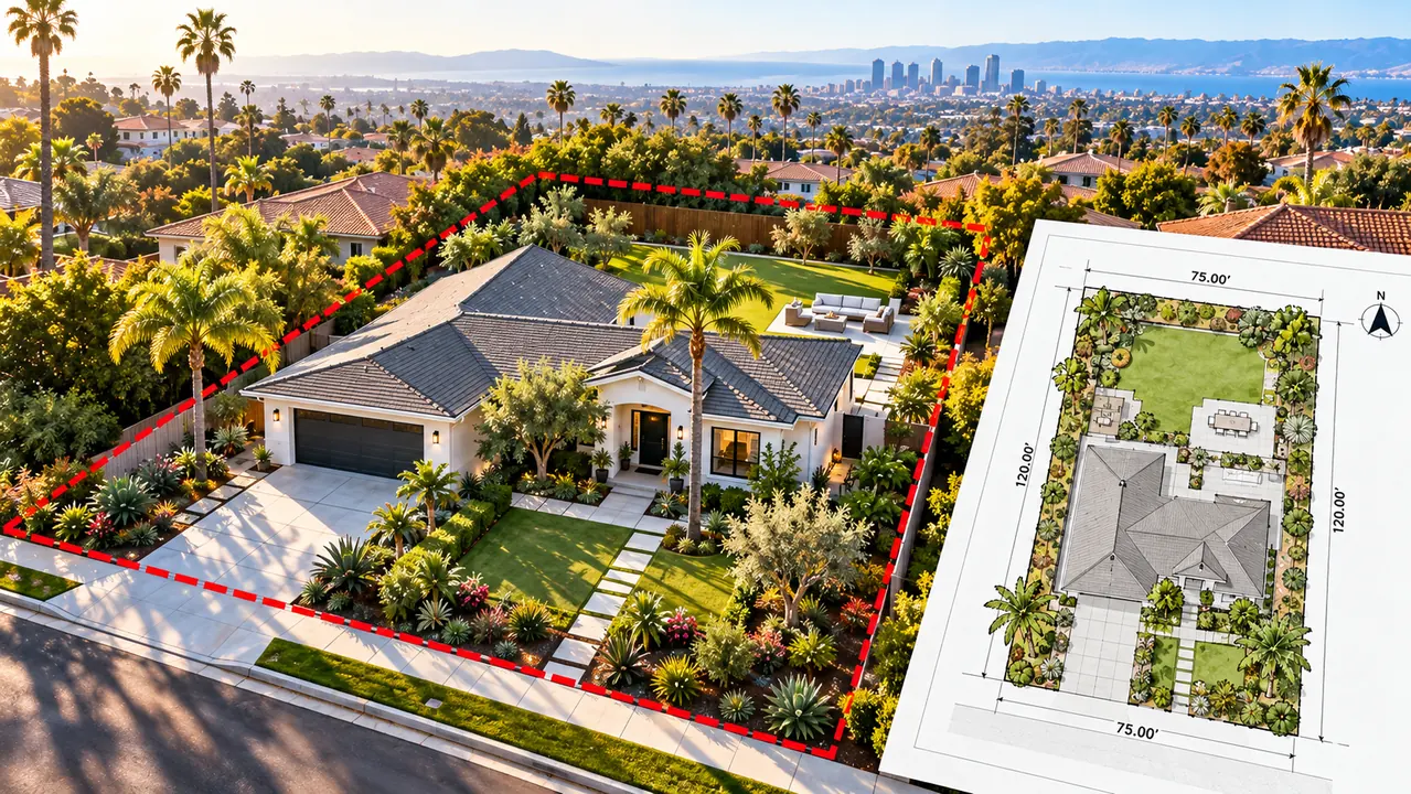 Illustrative California house aerial and matching conceptual residential site plan