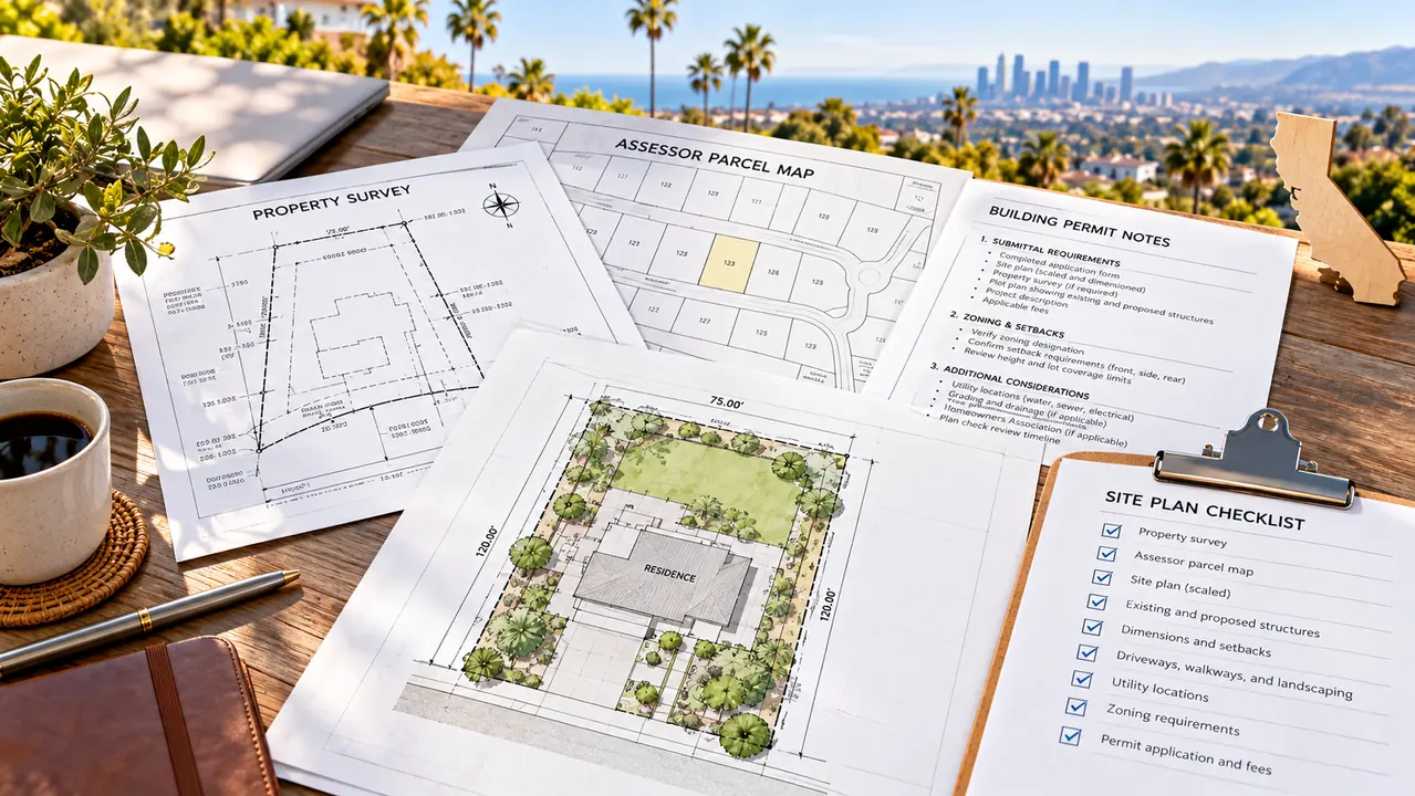Illustrative property survey and permit documents used in preparing a California site plan