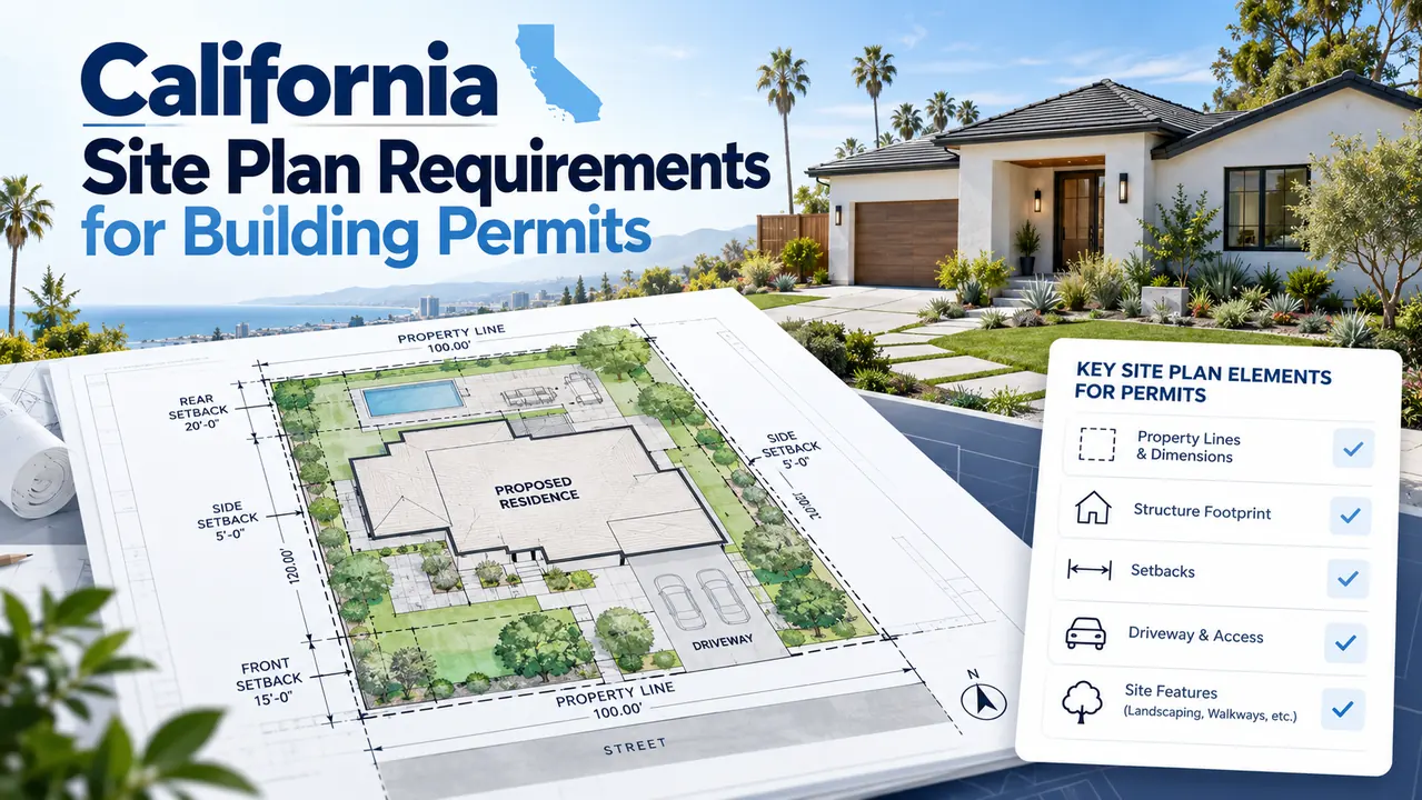 California building permit site plan requirements illustrated with modern house and architectural drawing