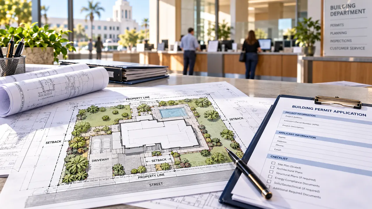 Illustrative local building permit counter with site drawing and application checklist