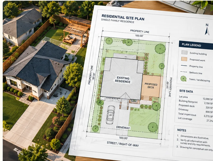 Illustrative aerial view of a residential home beside a conceptual residential site plan sheet